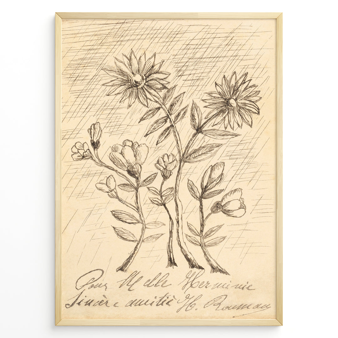 Framed vintage botanical sketch poster with hand-drawn flowers and cursive handwriting on an aged beige background.
