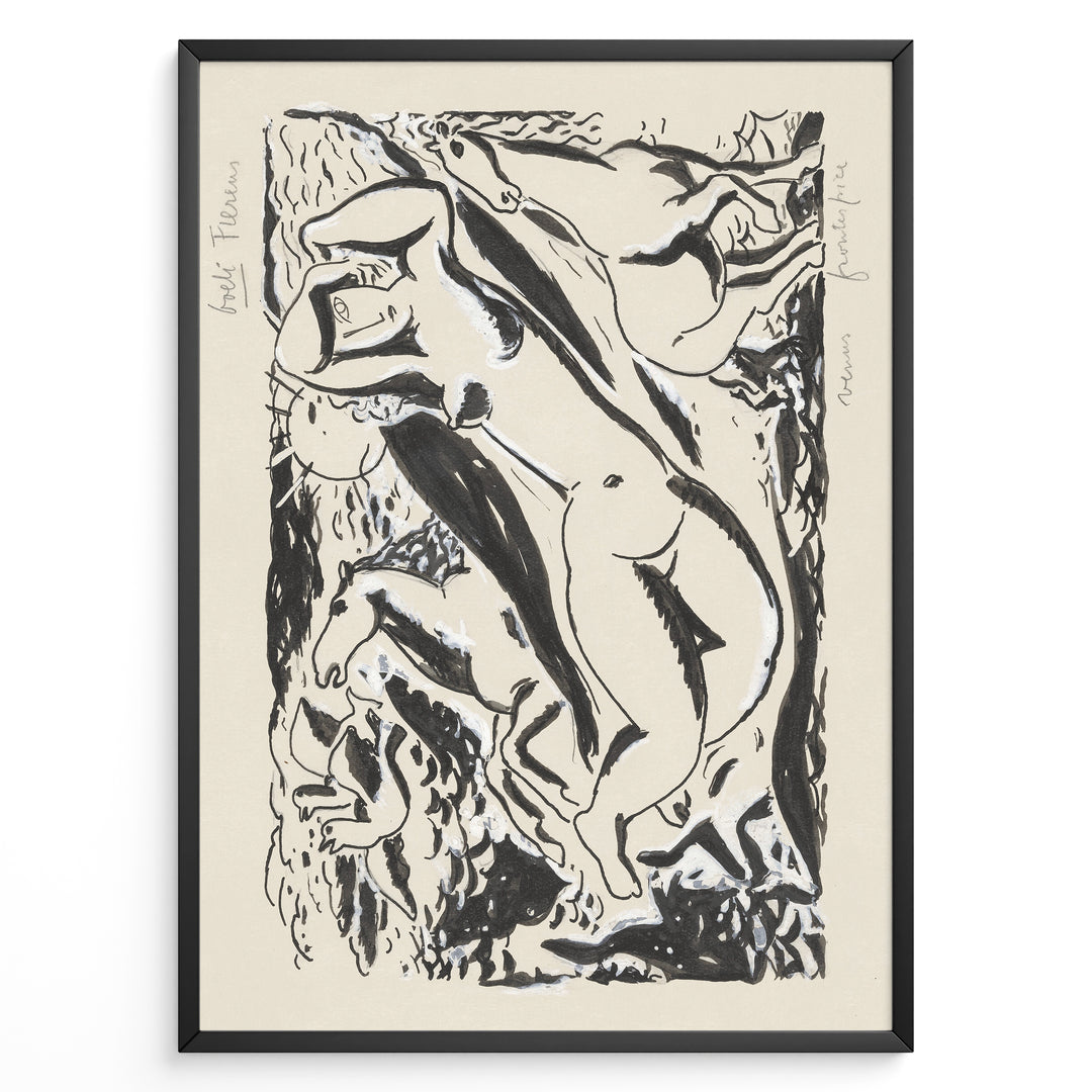 Framed Henri Matisse-style abstract figures poster with black brush strokes depicting nude forms on a beige background.