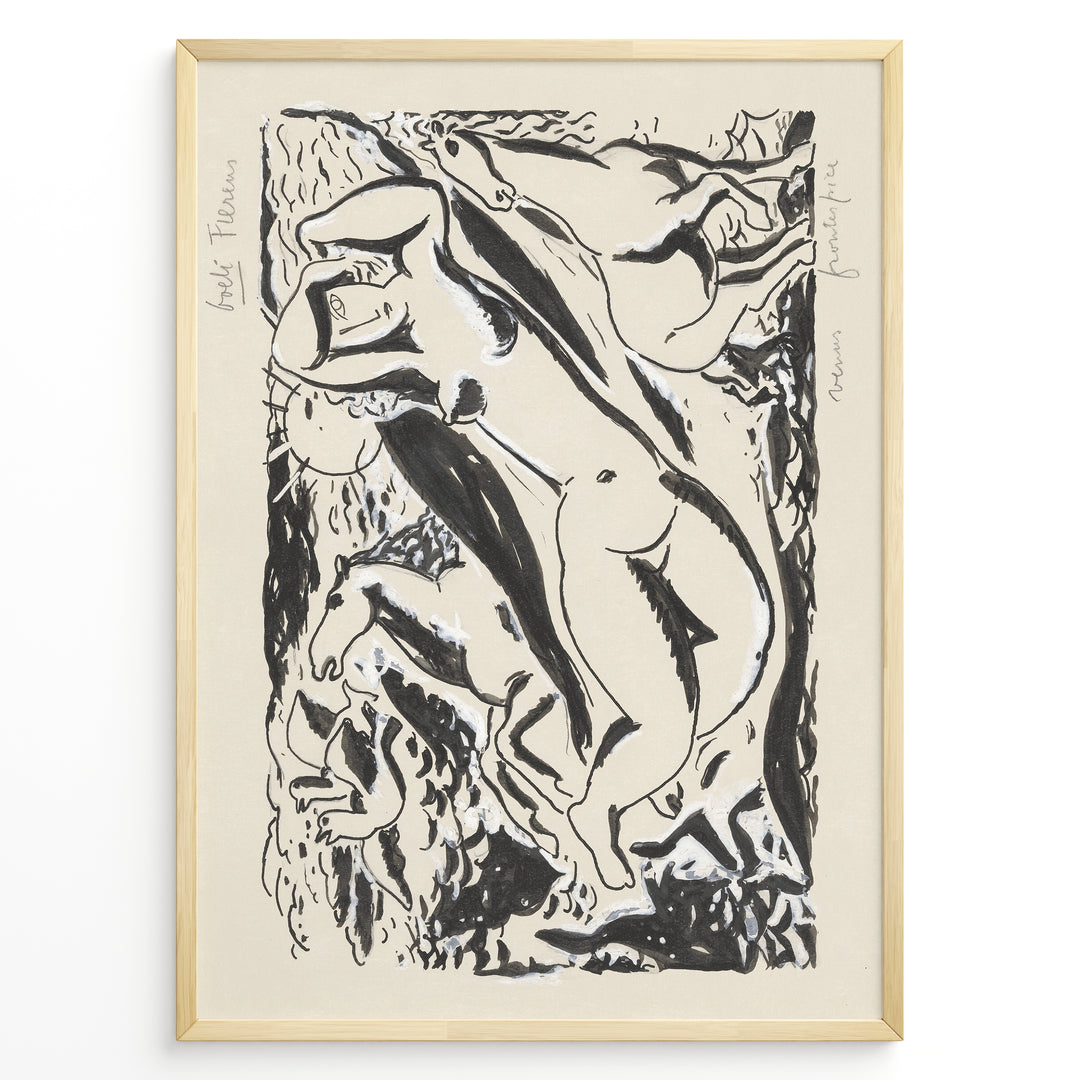 Framed Henri Matisse-style abstract figures poster with black brush strokes depicting nude forms on a beige background.