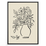 Load image into Gallery viewer, Framed minimalist floral line art poster with black outline of flowers in a vase on a beige background.
