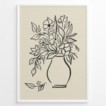 Load image into Gallery viewer, Framed minimalist floral line art poster with black outline of flowers in a vase on a beige background.
