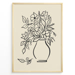 Load image into Gallery viewer, Framed minimalist floral line art poster with black outline of flowers in a vase on a beige background.
