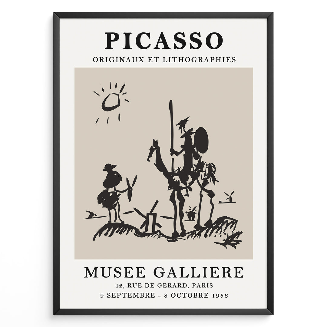 Vintage Picasso Don Quixote abstract line art poster from Musée Gallière exhibition in a black frame.