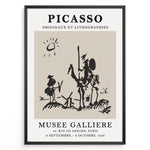 Load image into Gallery viewer, Vintage Picasso Don Quixote abstract line art poster from Musée Gallière exhibition in a black frame.
