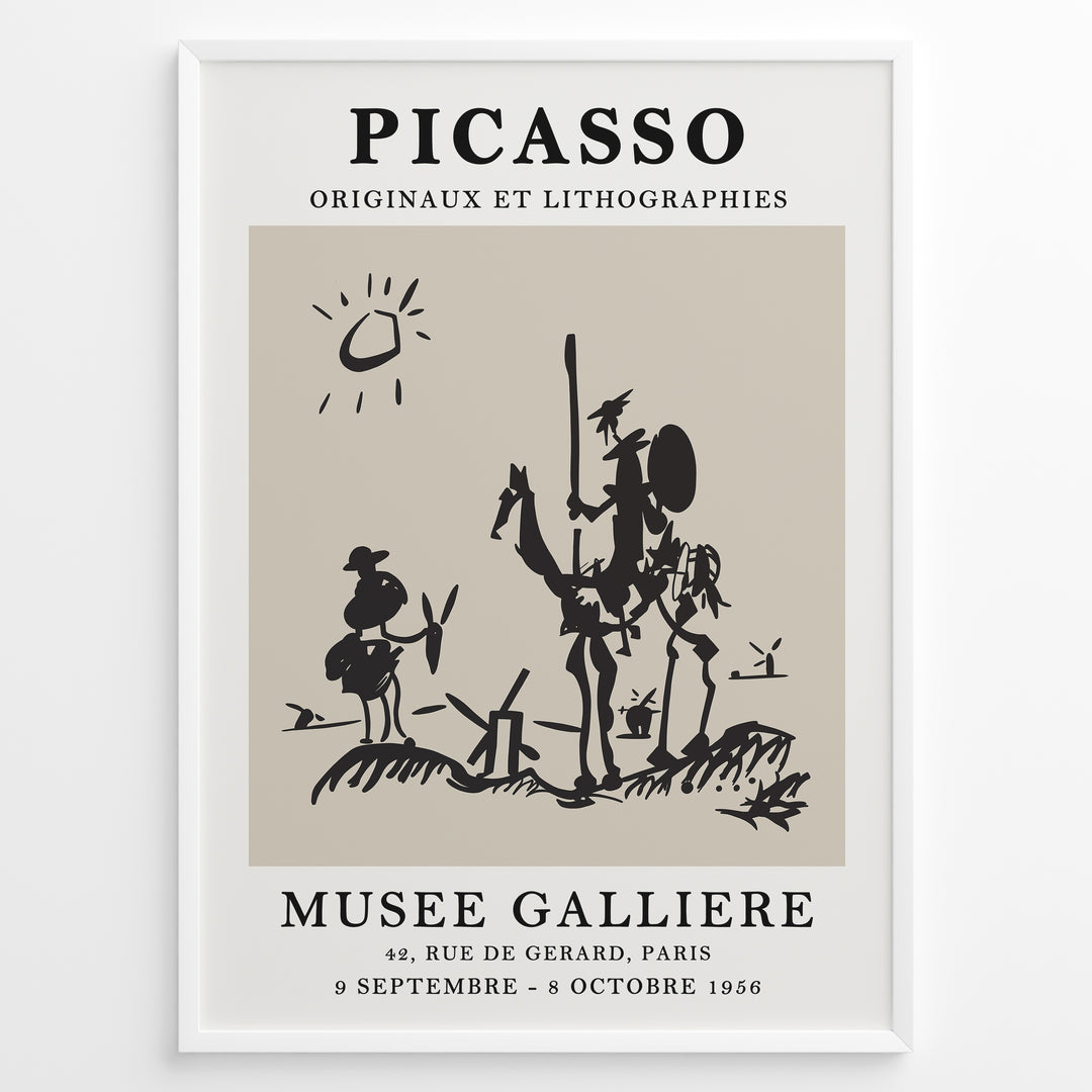 Vintage Picasso Don Quixote abstract line art poster from Musée Gallière exhibition in a black frame.
