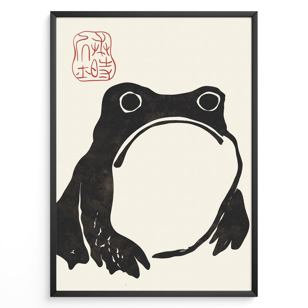 Japanese minimalist black frog art print plakat with red stamp detail in a modern black frame on cream background.