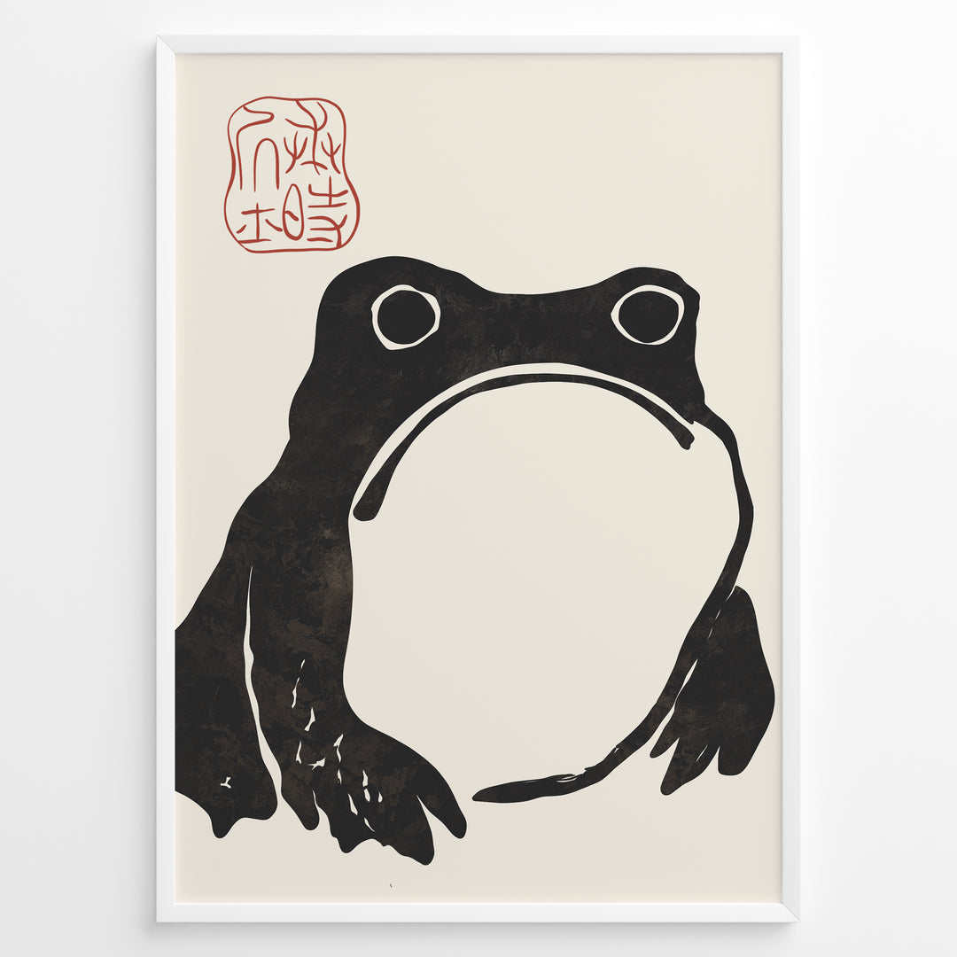 Japanese minimalist black frog art print plakat with red stamp detail in a modern black frame on cream background.