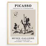 Load image into Gallery viewer, Vintage Picasso Don Quixote abstract line art poster from Musée Gallière exhibition in a black frame.
