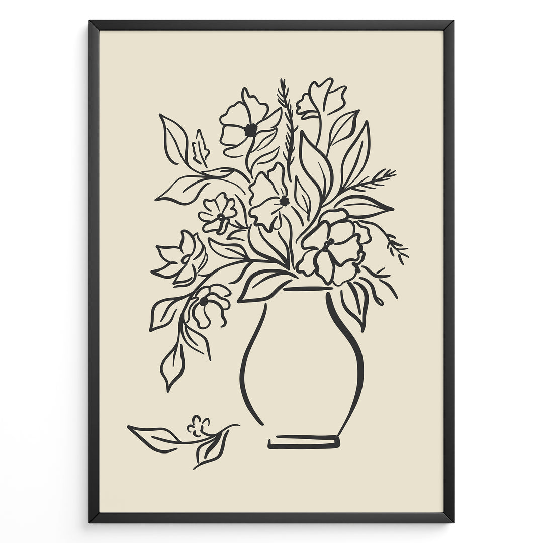 Minimalist black and white floral vase line art print plakat with botanical design in a black frame on beige background
