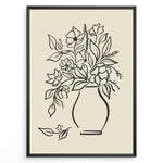 Load image into Gallery viewer, Minimalist black and white floral vase line art print plakat with botanical design in a black frame on beige background
