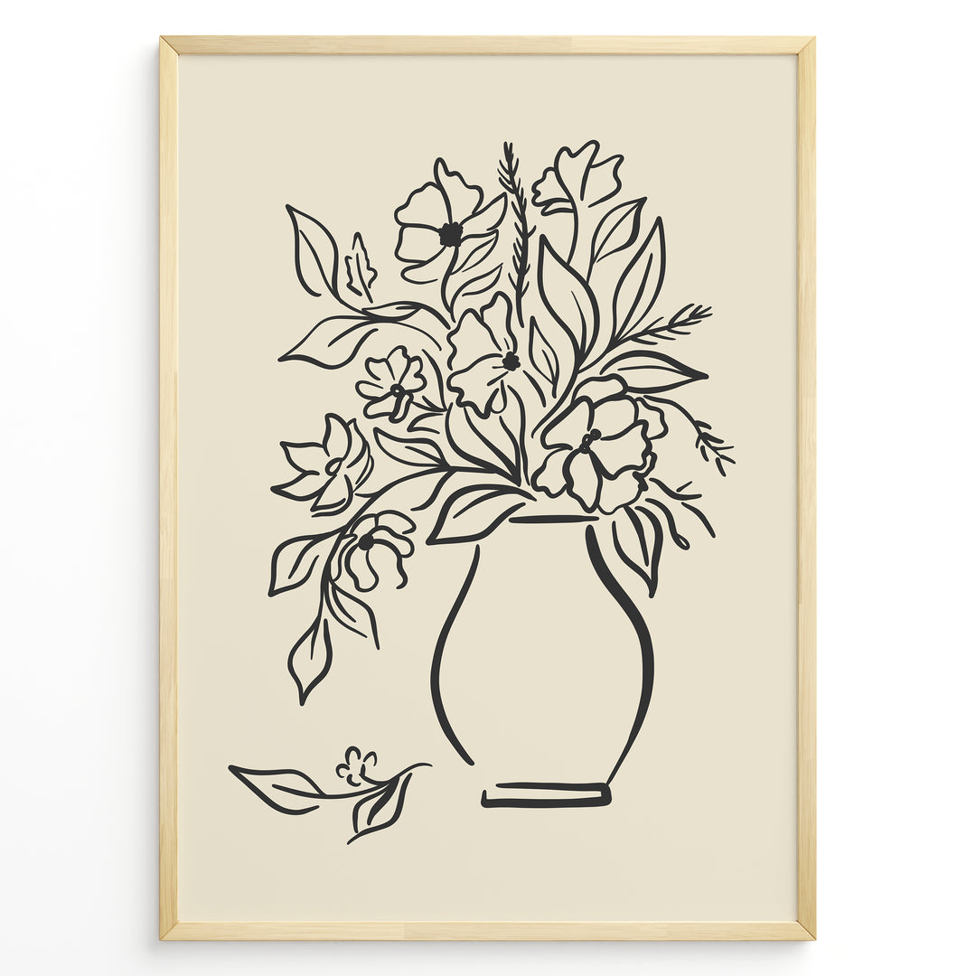 Minimalist black and white floral vase line art print plakat with botanical design in a black frame on beige background