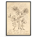 Load image into Gallery viewer, Vintage floral sketch art print with hand-drawn flowers and handwritten text on aged beige paper in a black frame.
