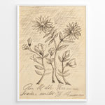 Load image into Gallery viewer, Vintage floral sketch art print with hand-drawn flowers and handwritten text on aged beige paper in a black frame.
