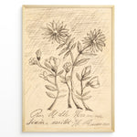 Load image into Gallery viewer, Vintage floral sketch art print with hand-drawn flowers and handwritten text on aged beige paper in a black frame.

