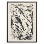 Load image into Gallery viewer, Abstract black and white nude figure art print plakat in expressionist style framed in black on beige background.
