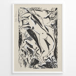Load image into Gallery viewer, Abstract black and white nude figure art print plakat in expressionist style framed in black on beige background.

