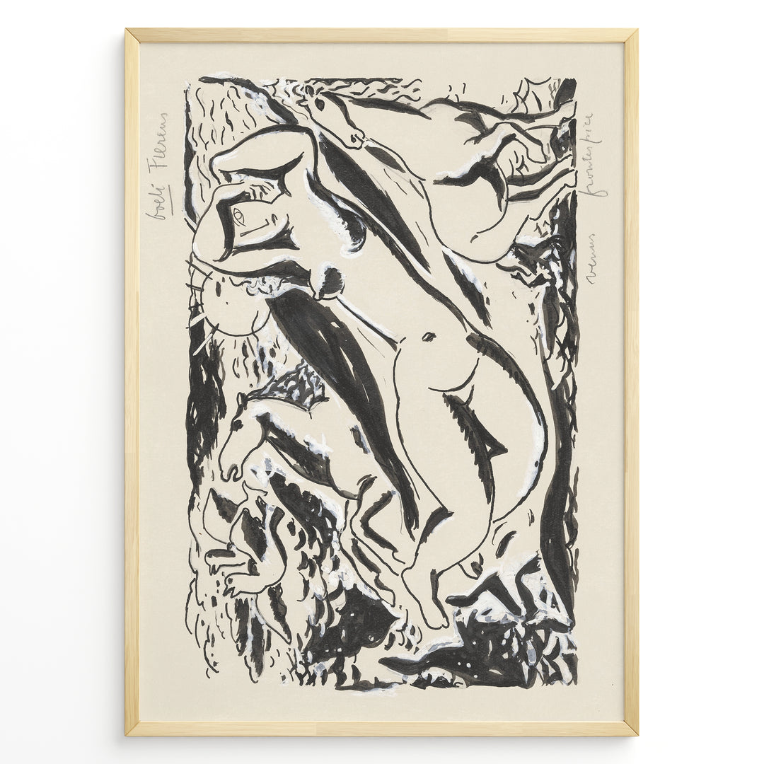 Abstract black and white nude figure art print plakat in expressionist style framed in black on beige background.
