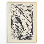 Load image into Gallery viewer, Abstract black and white nude figure art print plakat in expressionist style framed in black on beige background.
