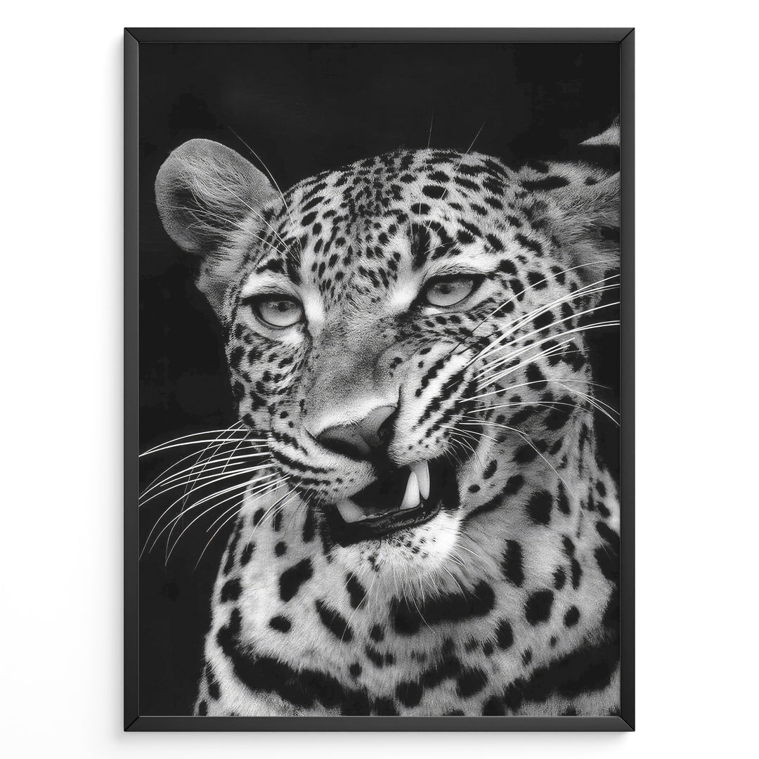 Fashion Plakat | Fierce Grace: Leopard in Black and White Plakaty.dk | Close-up black and white photo of a snarling leopard with intense eyes and sharp teeth