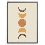 Load image into Gallery viewer, Framed boho moon phases art poster featuring crescent and full moon shapes in brown and orange tones on a beige background.
