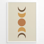 Load image into Gallery viewer, Framed boho moon phases art poster featuring crescent and full moon shapes in brown and orange tones on a beige background.
