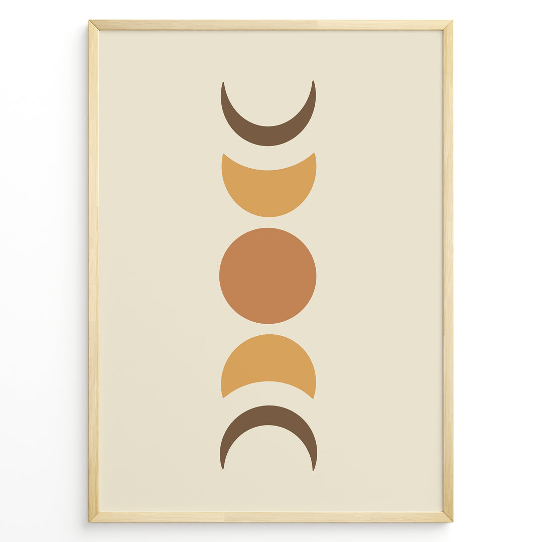 Framed boho moon phases art poster featuring crescent and full moon shapes in brown and orange tones on a beige background.