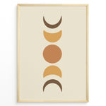 Load image into Gallery viewer, Framed boho moon phases art poster featuring crescent and full moon shapes in brown and orange tones on a beige background.
