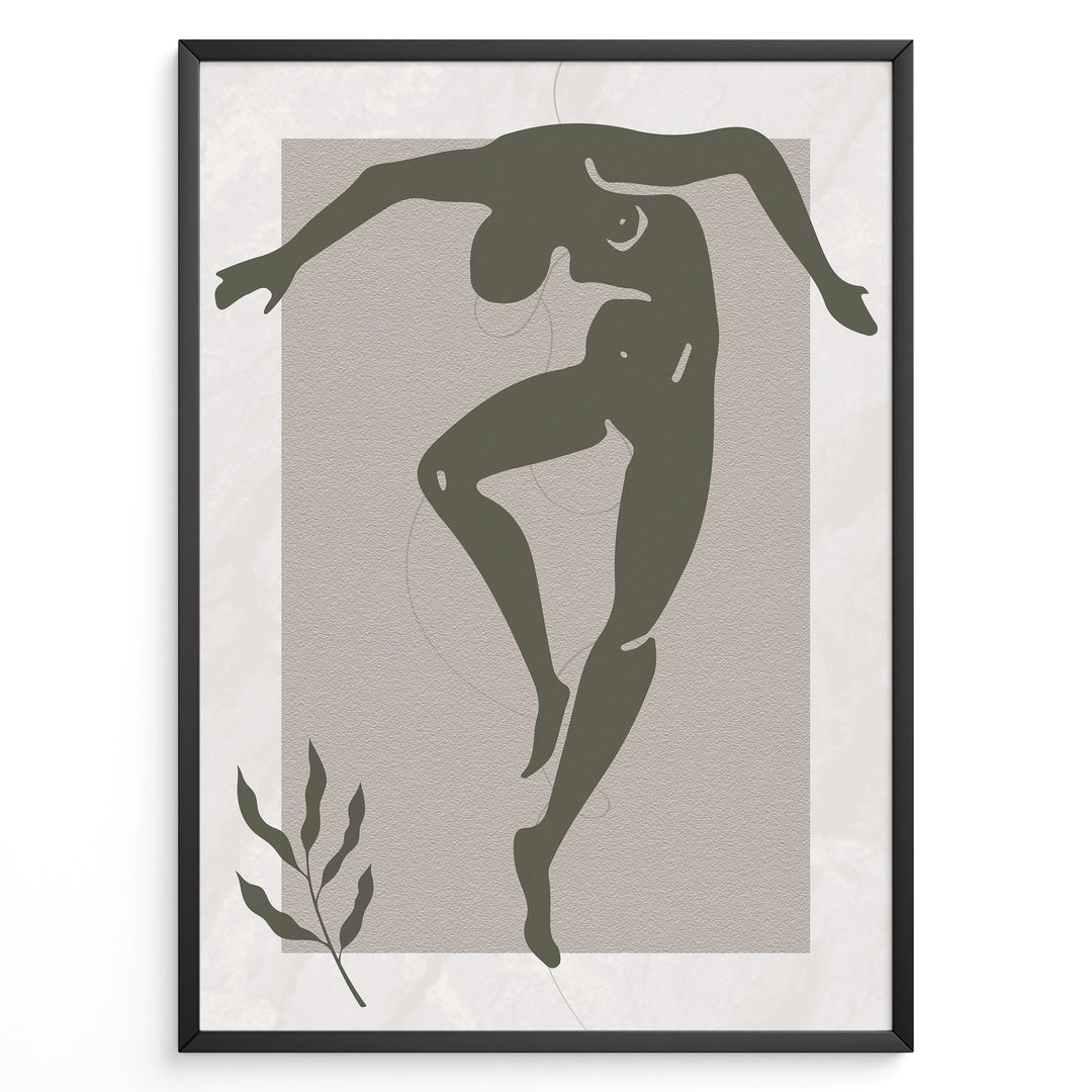 Framed abstract nude dance art poster with minimalist green figure on textured beige background and a small leaf detail.