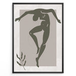 Load image into Gallery viewer, Framed abstract nude dance art poster with minimalist green figure on textured beige background and a small leaf detail.
