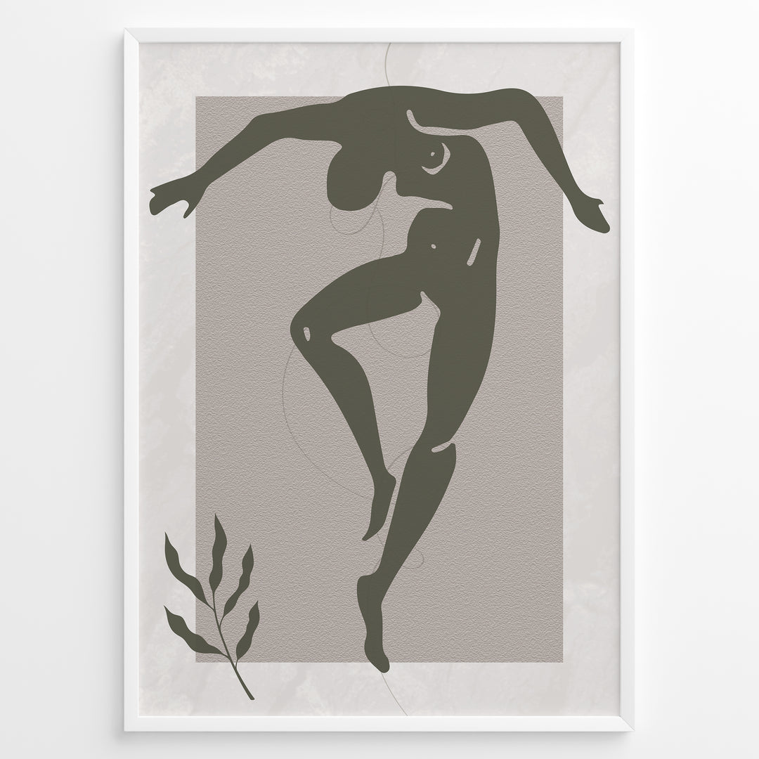 Framed abstract nude dance art poster with minimalist green figure on textured beige background and a small leaf detail.