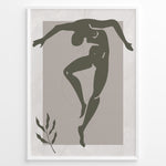 Load image into Gallery viewer, Framed abstract nude dance art poster with minimalist green figure on textured beige background and a small leaf detail.
