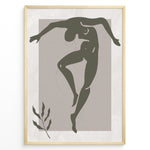 Load image into Gallery viewer, Framed abstract nude dance art poster with minimalist green figure on textured beige background and a small leaf detail.
