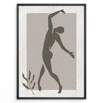 Load image into Gallery viewer, Framed abstract minimalist art poster with olive green dancing figure on textured beige background and a small leaf accent.
