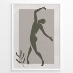 Load image into Gallery viewer, Framed abstract minimalist art poster with olive green dancing figure on textured beige background and a small leaf accent.
