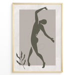 Load image into Gallery viewer, Framed abstract minimalist art poster with olive green dancing figure on textured beige background and a small leaf accent.
