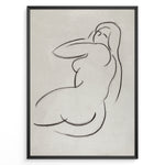Load image into Gallery viewer, Framed minimalist nude sketch poster with soft black line art of a seated female figure on a light textured beige background.
