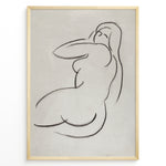 Load image into Gallery viewer, Framed minimalist nude sketch poster with soft black line art of a seated female figure on a light textured beige background.
