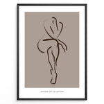 Load image into Gallery viewer, Framed minimalist nude line art poster showing an abstract female figure outline in brown on a taupe background.
