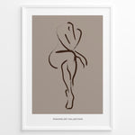 Load image into Gallery viewer, Framed minimalist nude line art poster showing an abstract female figure outline in brown on a taupe background.
