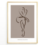 Load image into Gallery viewer, Framed minimalist nude line art poster showing an abstract female figure outline in brown on a taupe background.
