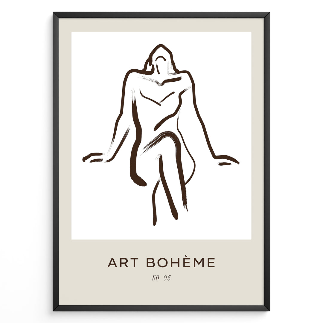 Framed Art Bohème poster with minimalist abstract nude line drawing in brown on a white and beige background.