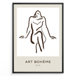 Load image into Gallery viewer, Framed Art Bohème poster with minimalist abstract nude line drawing in brown on a white and beige background.
