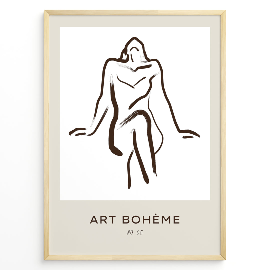 Framed Art Bohème poster with minimalist abstract nude line drawing in brown on a white and beige background.