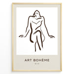 Load image into Gallery viewer, Framed Art Bohème poster with minimalist abstract nude line drawing in brown on a white and beige background.
