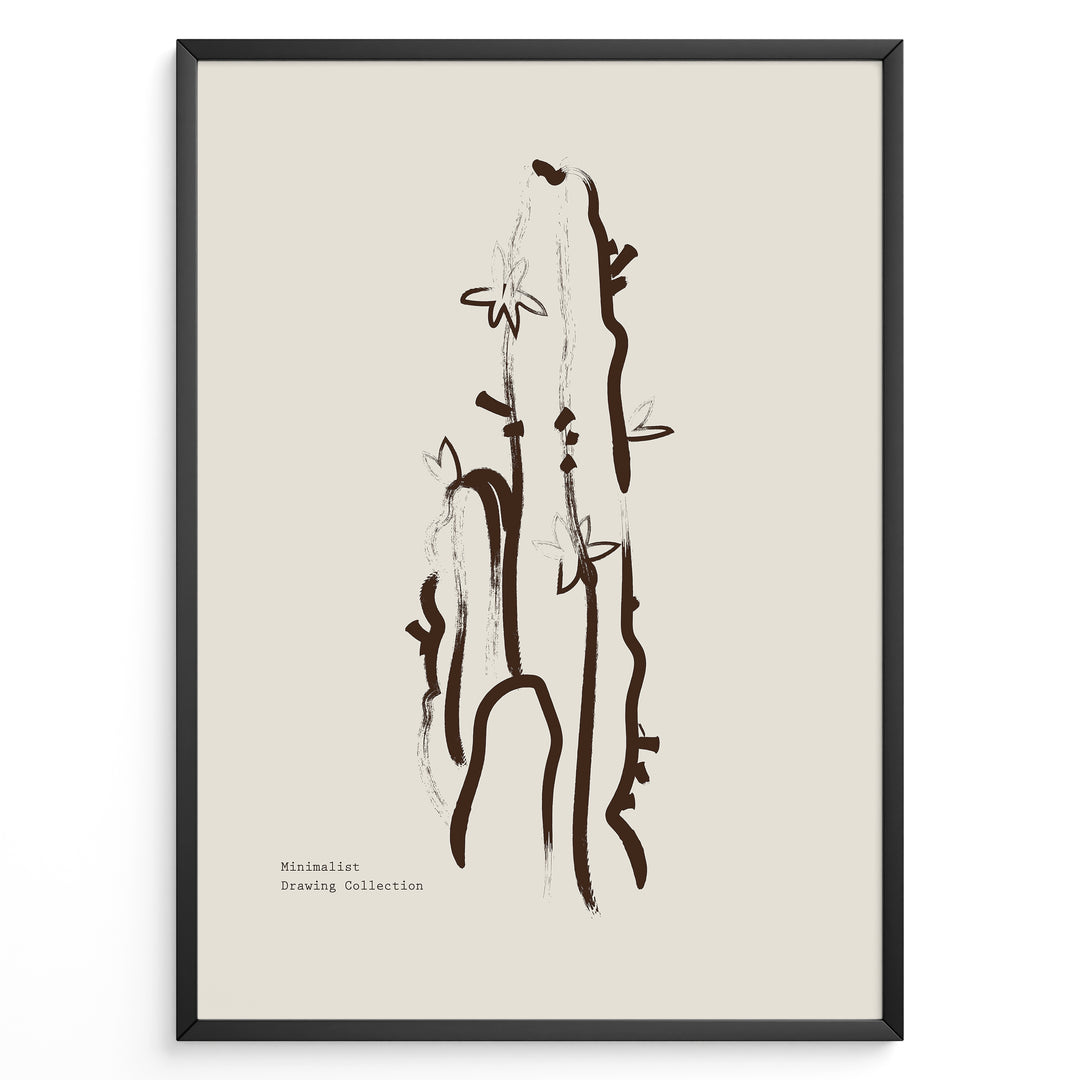 Framed “Minimalist Drawing Collection” poster with abstract brown cactus and small flowers line art on a beige background in a modern style.