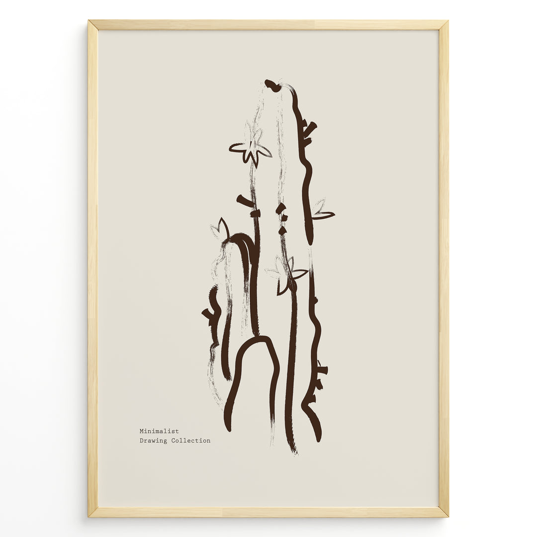 Framed “Minimalist Drawing Collection” poster with abstract brown cactus and small flowers line art on a beige background in a modern style.