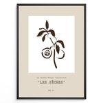 Load image into Gallery viewer, Framed “Les Pêches No.01” poster with minimalist brown line art of peaches and leaves on a branch, from the Le Jardin Fleuri Collection.
