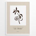 Load image into Gallery viewer, Framed “Les Pêches No.01” poster with minimalist brown line art of peaches and leaves on a branch, from the Le Jardin Fleuri Collection.
