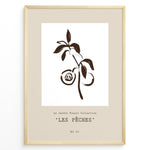 Load image into Gallery viewer, Framed “Les Pêches No.01” poster with minimalist brown line art of peaches and leaves on a branch, from the Le Jardin Fleuri Collection.
