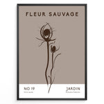 Load image into Gallery viewer, Framed “Fleur Sauvage No.19” poster with minimalist brown wildflower line art on a taupe background, from the Jardin Minimalist Collection.
